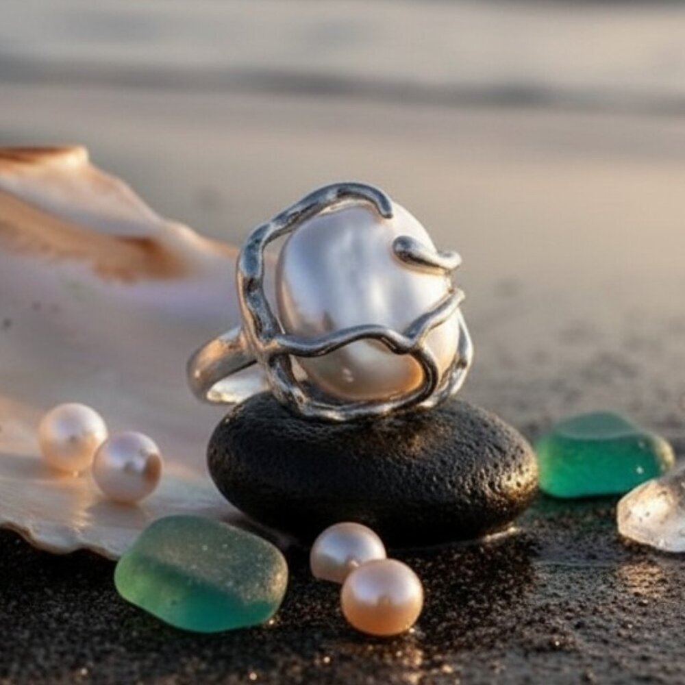925 Sterling Silver Sculptural Faux Baroque Pearl Statement Ring Adjustable 6-9 - Picture 6 of 16